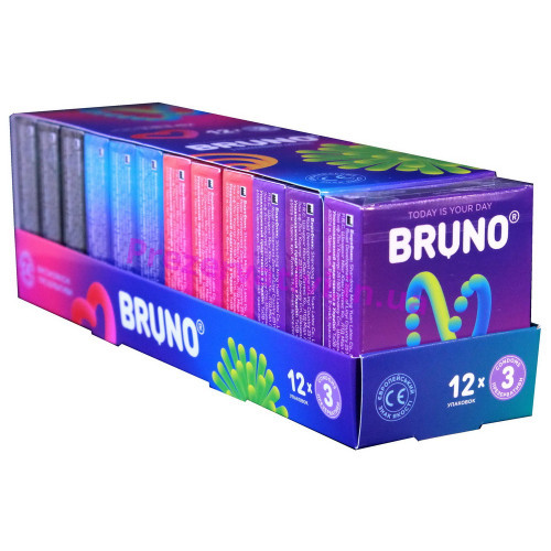 Блок презервативов Bruno 36шт (3 пачки 4 вида по 3шт) - Фото№1