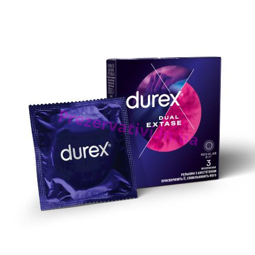 Презервативи латексні з силіконовою змазкою DUREX Dual Extase (рельєфні з анестетиком), З шт. - Фото№1